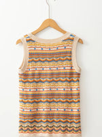 Stripe Eyelet Crochet Round Neck Sweater Vest