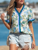 Floral Print Contrasted Frilled Striped Trim Short Sleeve Blouse