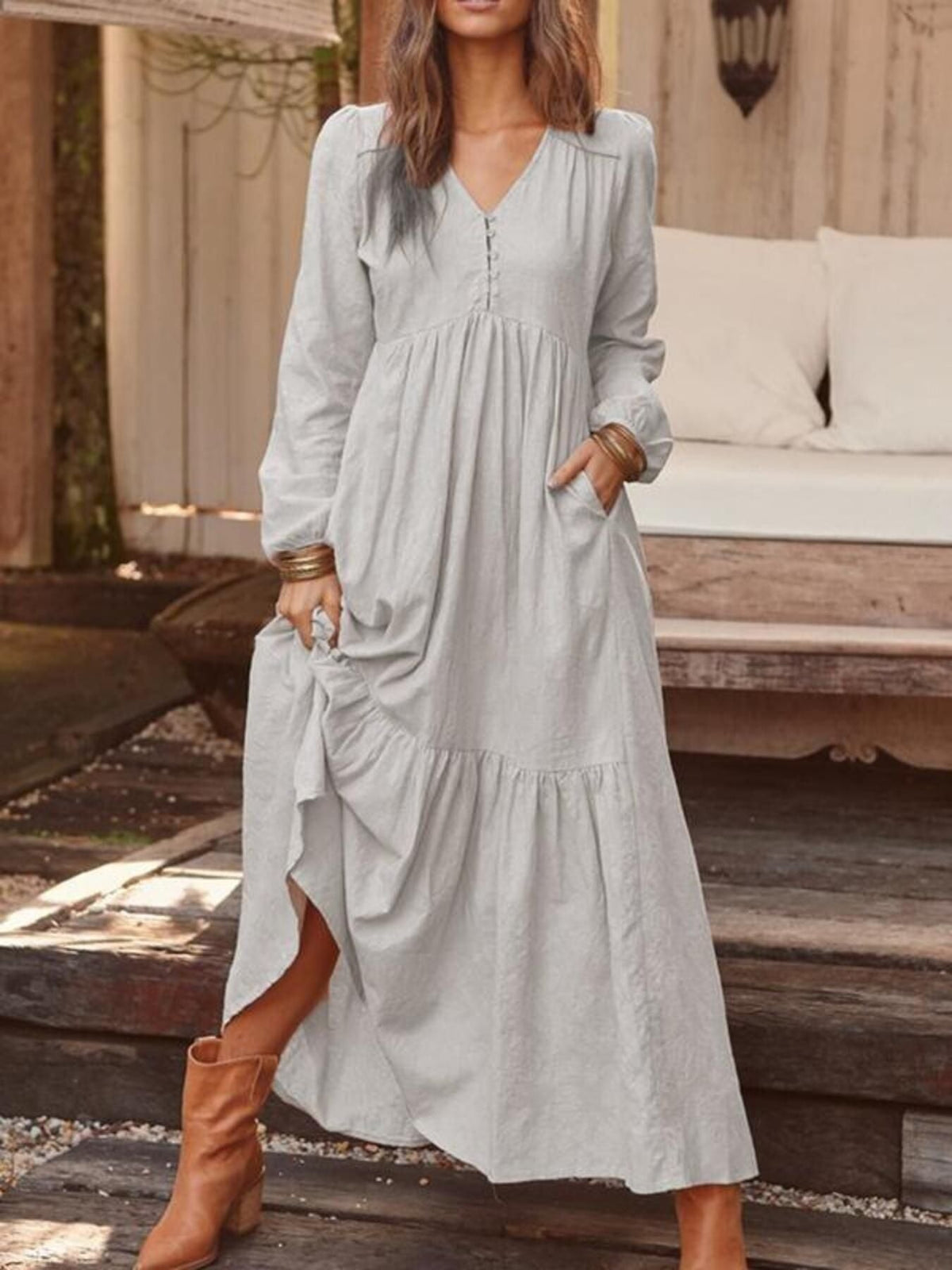 Full Size V-Neck Long Sleeve Tiered Maxi Dress Plus Size