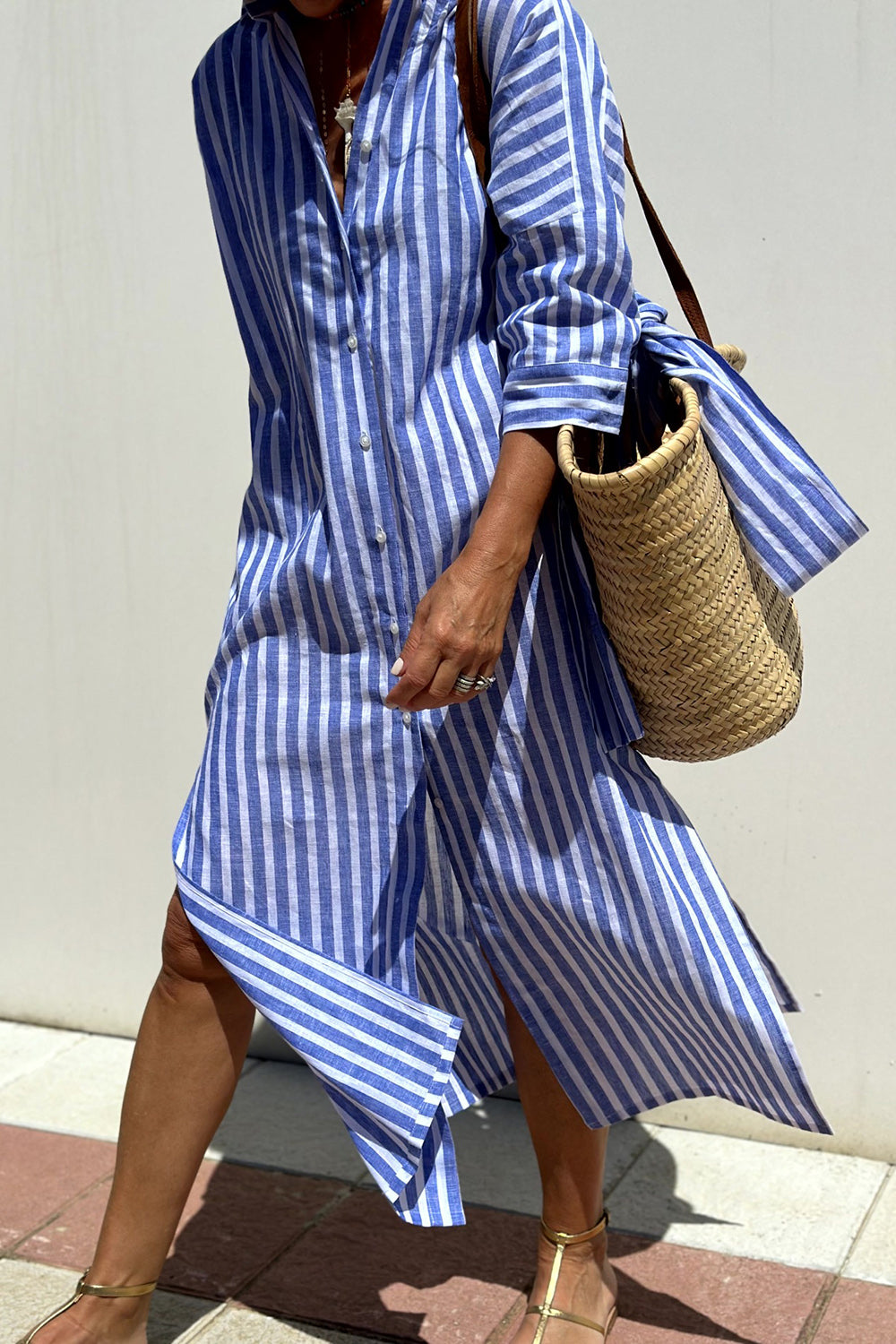 Tied Button Up Three-Quarter Sleeve Dress - Ladyez