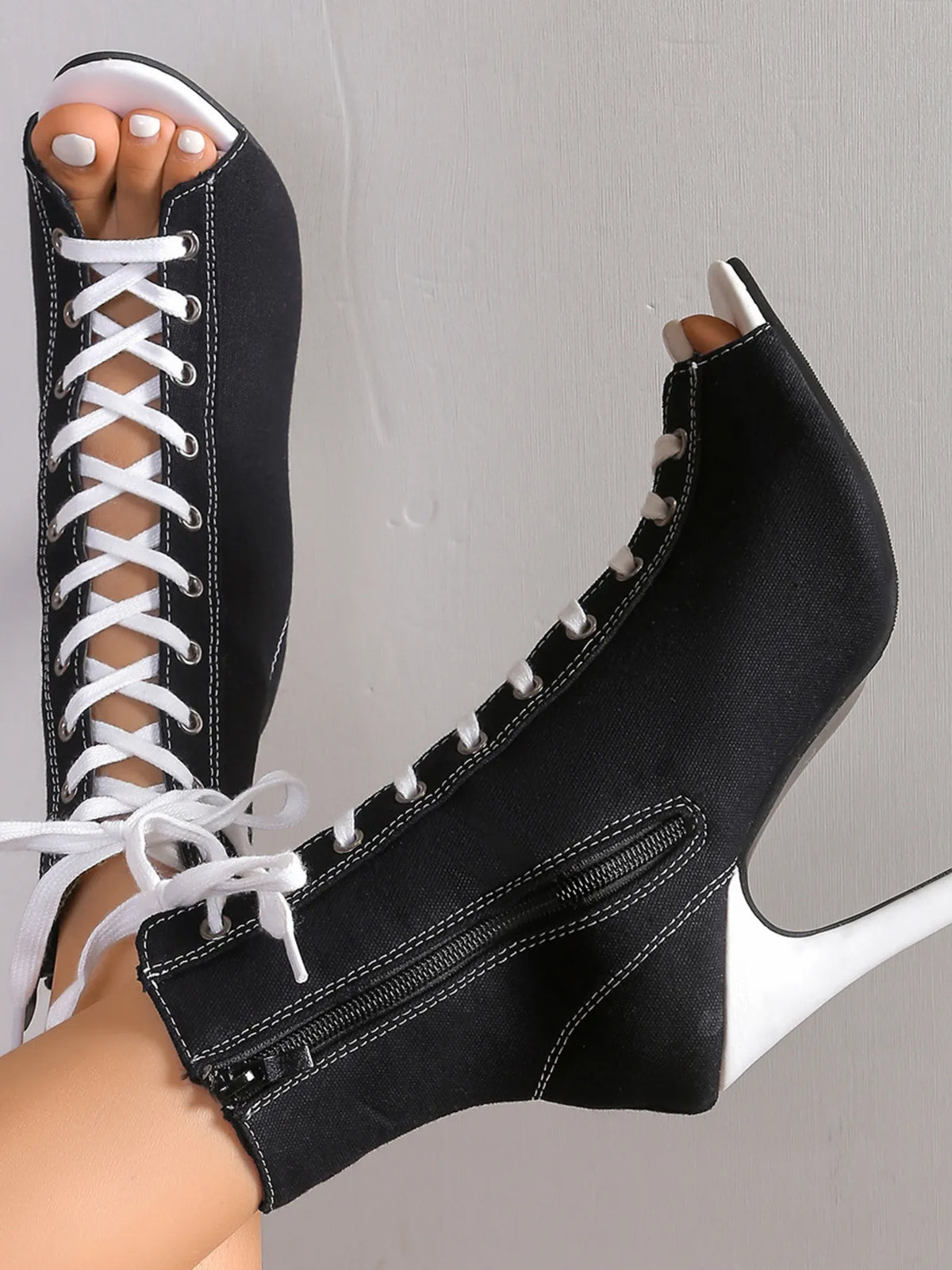 Canvas Lace-Up Peep Toe Stiletto Ankle Boots - Ladyez