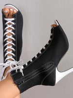 Canvas Lace-Up Peep Toe Stiletto Ankle Boots - Ladyez
