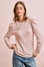 BiBi Textured Flower Knit Puff Shoulder Top