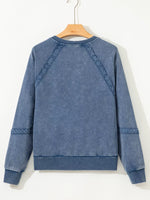 Lace Patchwork Detail Notched Neck Mineral Wash Baggy Sweatshirt