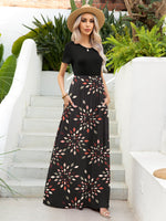 Printed Round Neck Short Sleeve Maxi Dress - Ladyez
