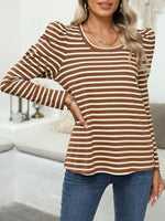 Striped Round Neck Long Sleeve T-Shirt - Ladyez