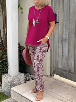 Full Size Round Neck Short Sleeve Top and Pants Set Plus Size
