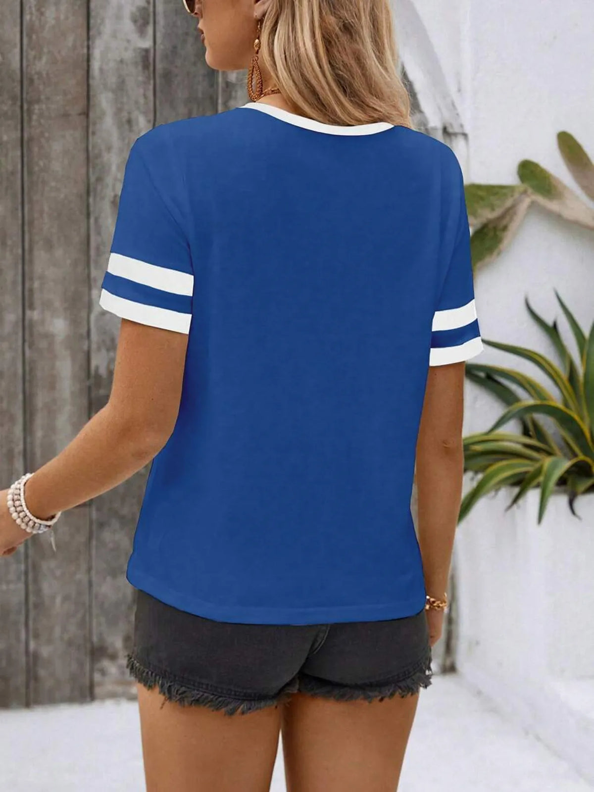 Striped Short Sleeve Half Zip Top - Ladyez