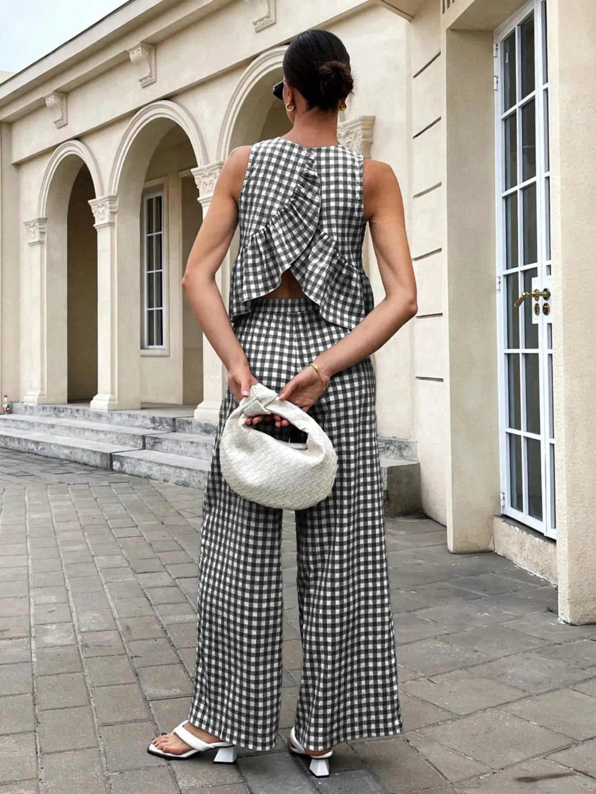 Gingham Sleeveless Top and Wide Leg Pants Set