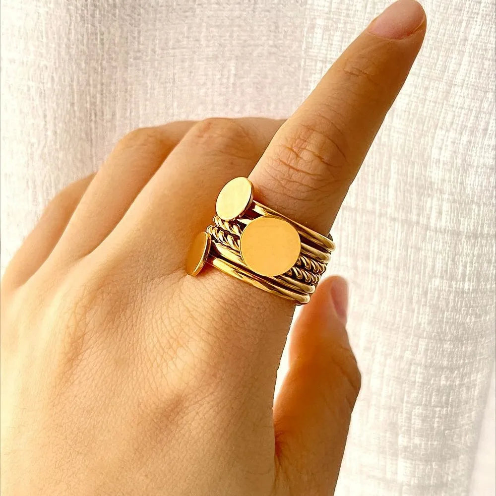 18K Gold-Plated Stainless Steel Wide Band Ring - Ladyez