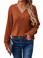 Ribbed V-Neck Long Sleeve Top