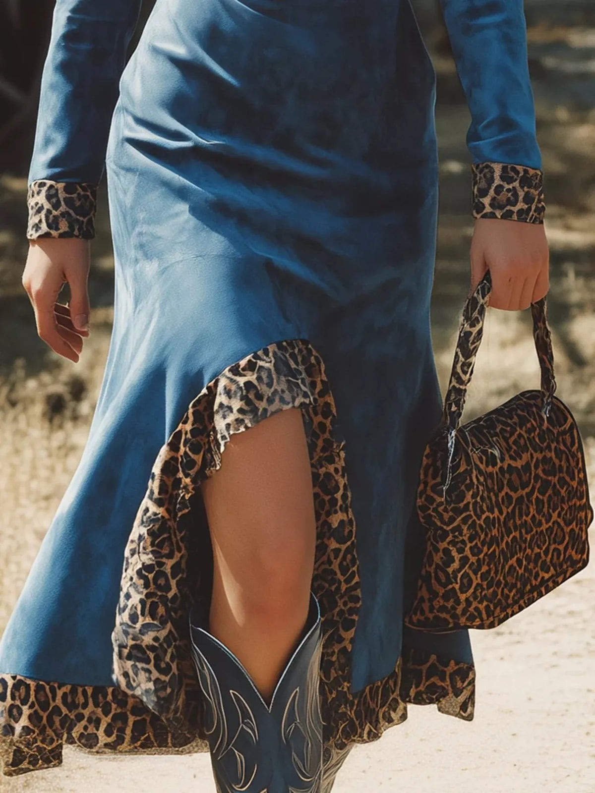Leopard Trim Long Sleeve Dress