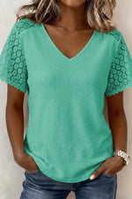 Lace Splicing Button Cutout V Neck Waffle Knit Blouse