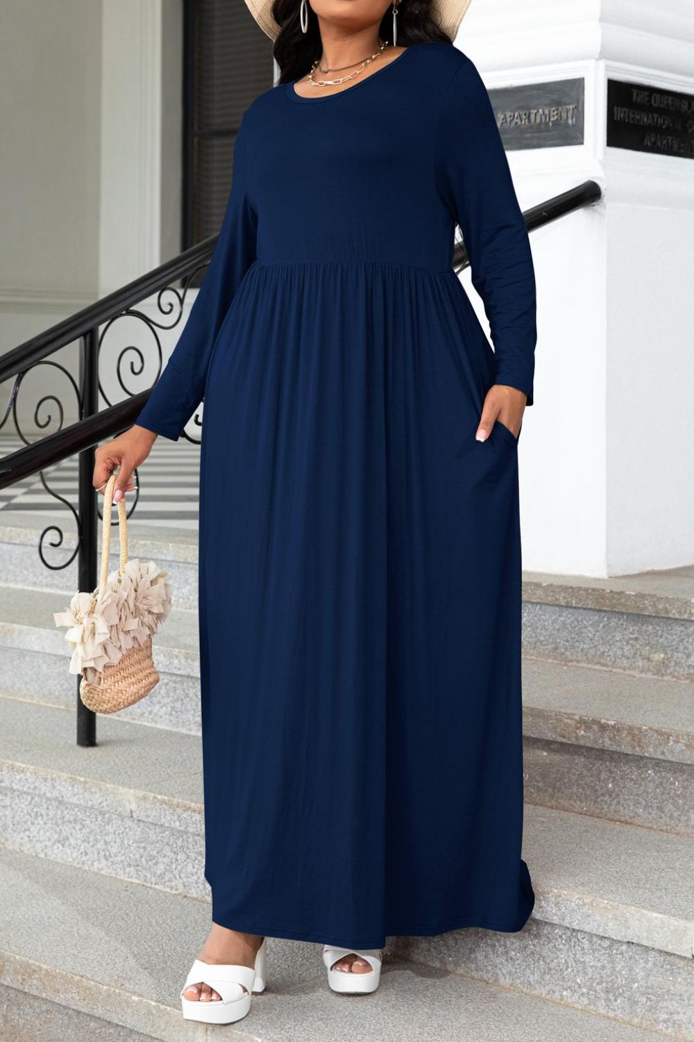 Plus Size Round Neck Long Sleeve Maxi Dress with Pockets - Ladyez