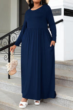 Plus Size Round Neck Long Sleeve Maxi Dress with Pockets - Ladyez
