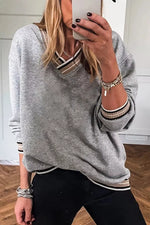 Casual V-Neck Striped Trim Pullover