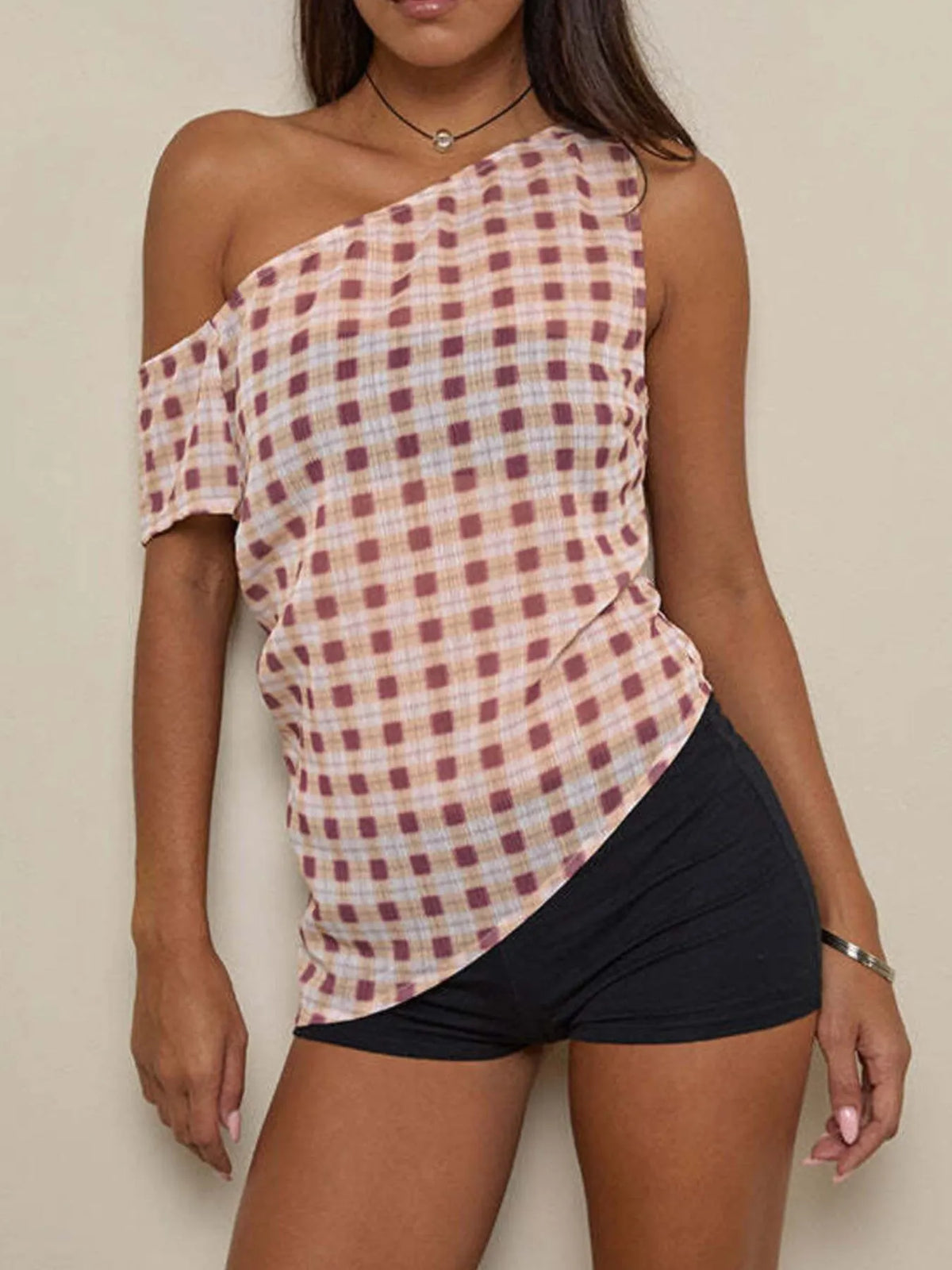 One-Shoulder Plaid Tank Top - Ladyez
