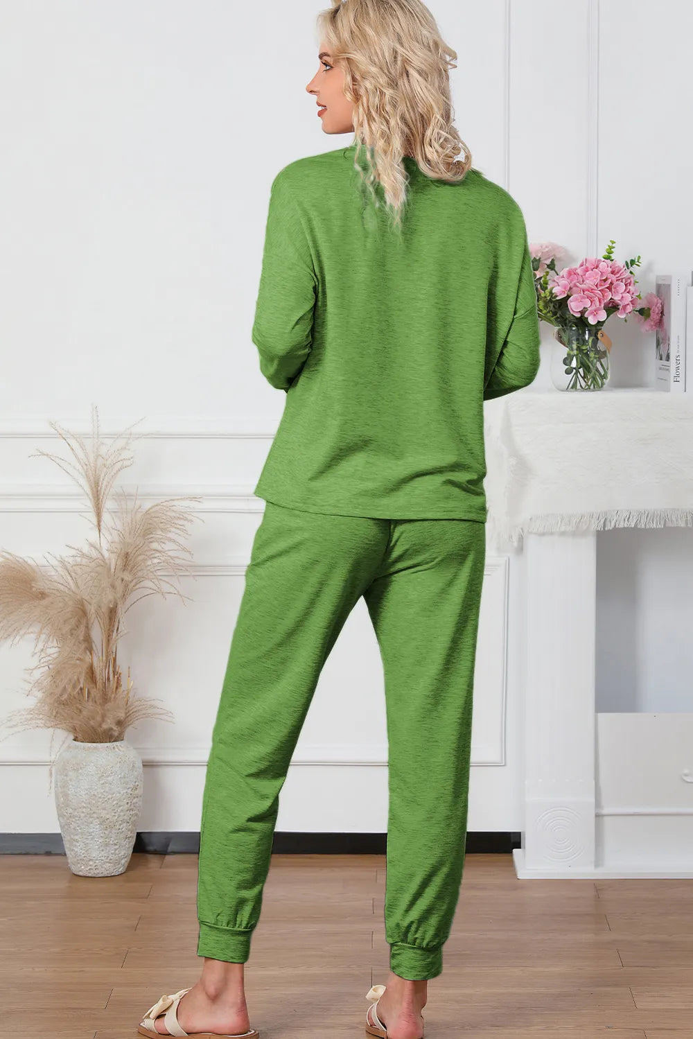 Round Neck Top and Drawstring Pants Lounge Set - Ladyez