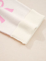 Bow Print Ribbed Trim Exposed Seam Drop Shoulder Loose Sweater