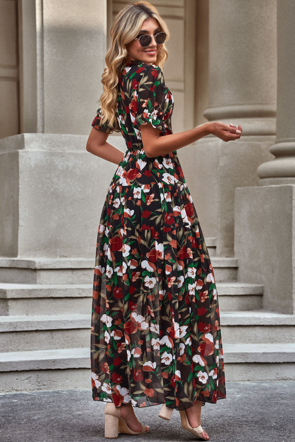 Floral V-Neck Short Flounce Sleeve Dress - Ladyez