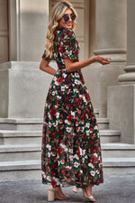 Floral V-Neck Short Flounce Sleeve Dress - Ladyez