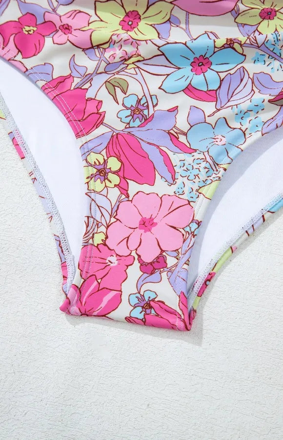 Floral Ruffle Trim Tummy Control One Piece Swimsuit - Ladyez