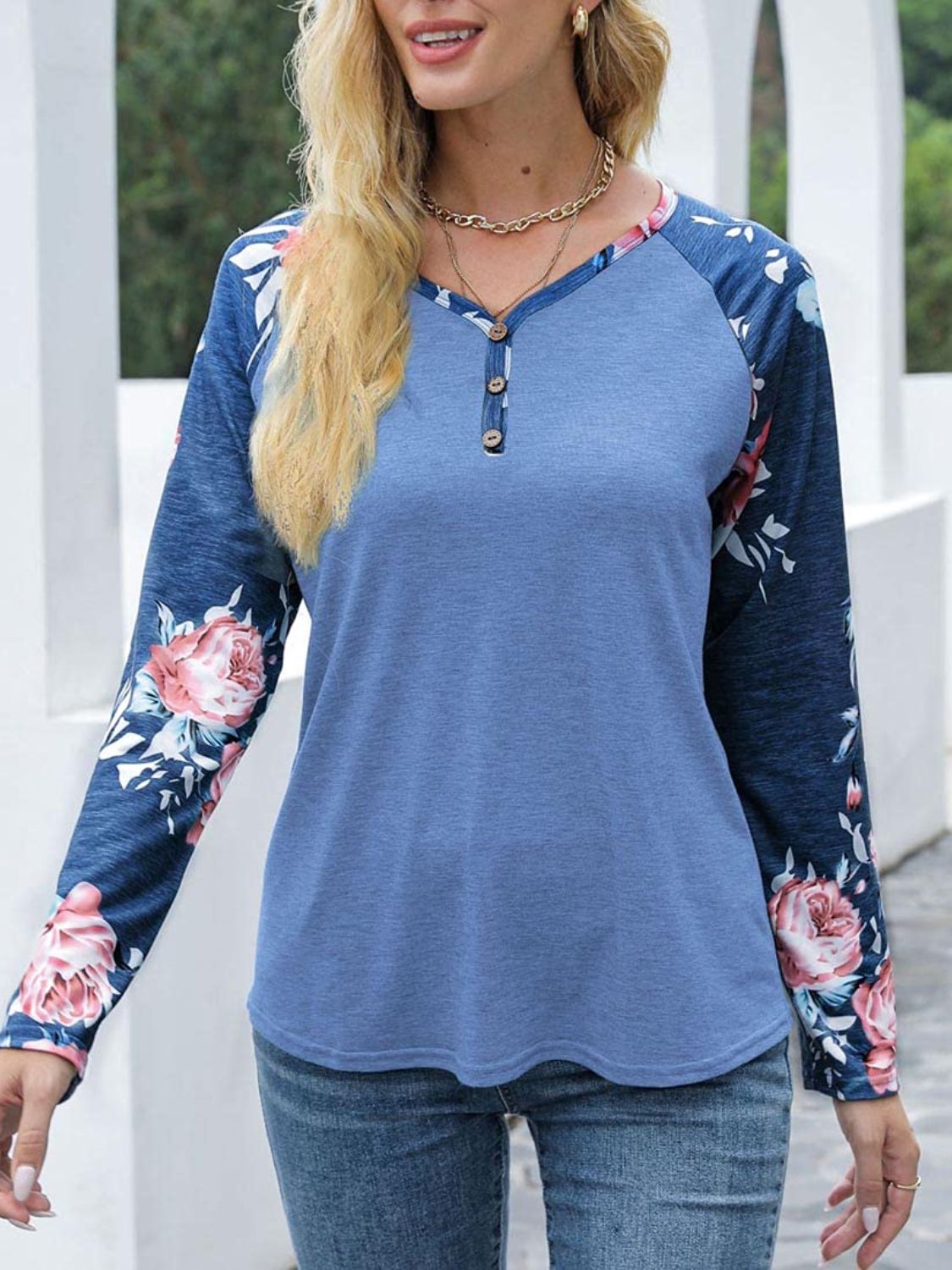V-Neck Floral Long Sleeve T-Shirt - Ladyez