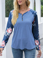 V-Neck Floral Long Sleeve T-Shirt - Ladyez