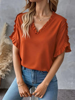 Ruffled V-Neck Short Sleeve Blouse - Ladyez