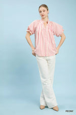 Umgee Striped Notched Top with Short Flutter Sleeves