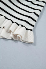 Stripe Ruffle Trim Button Down Knit Short Sleeve Sweater Cardigan