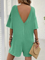 Backless Textured Round Neck Half Sleeve Romper