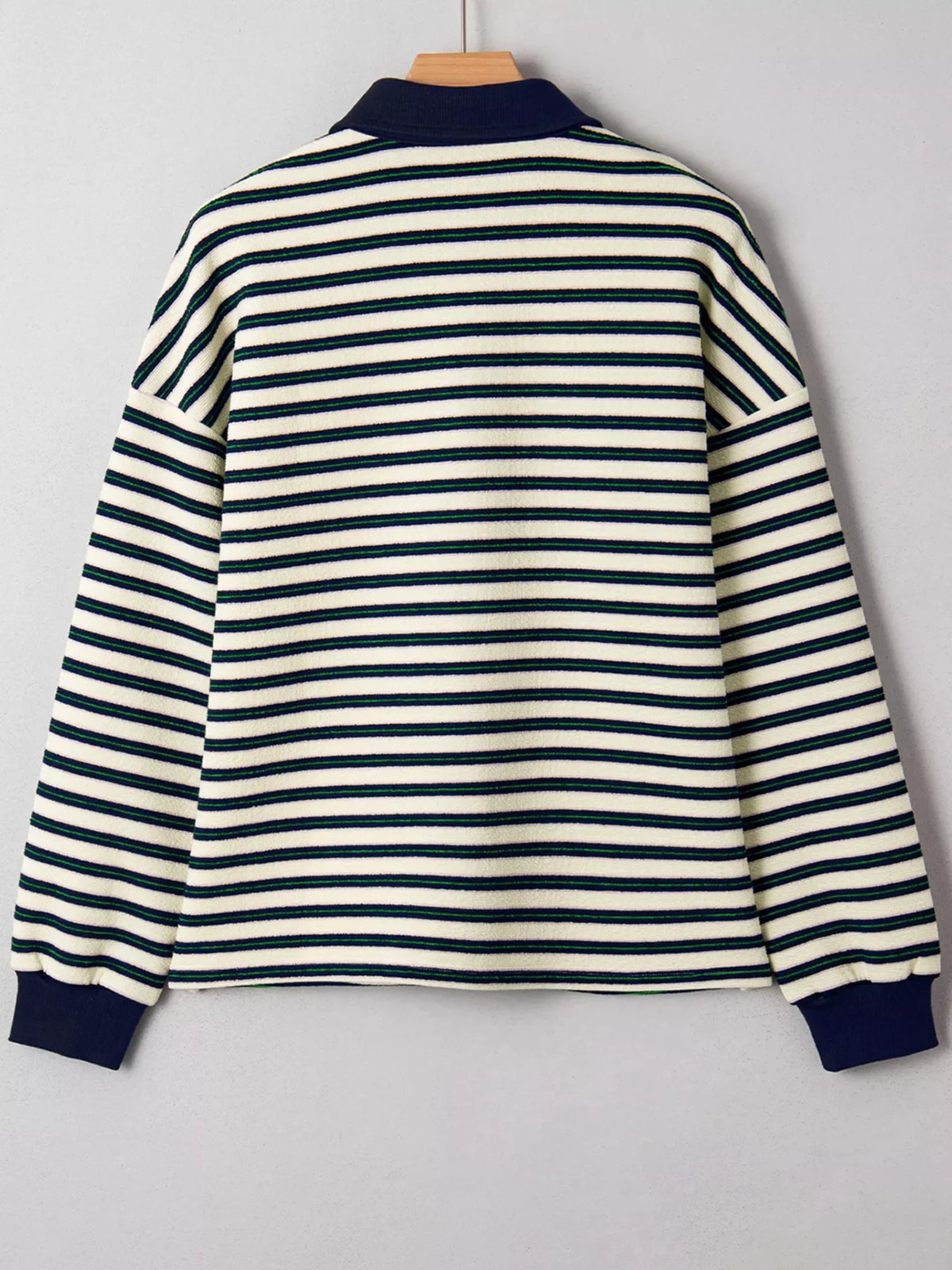 Striped Print Contrast Collar Zip V Neck Long Sleeve Top