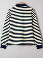 Striped Print Contrast Collar Zip V Neck Long Sleeve Top