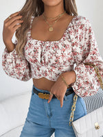 Floral Balloon Sleeve Square Neck Crop Blouse
