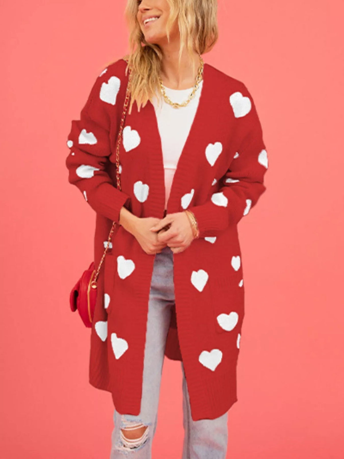Heart Pattern Open Front Longline Cardigan