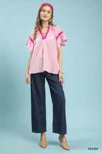 Umgee Gingham Lace Trim Top