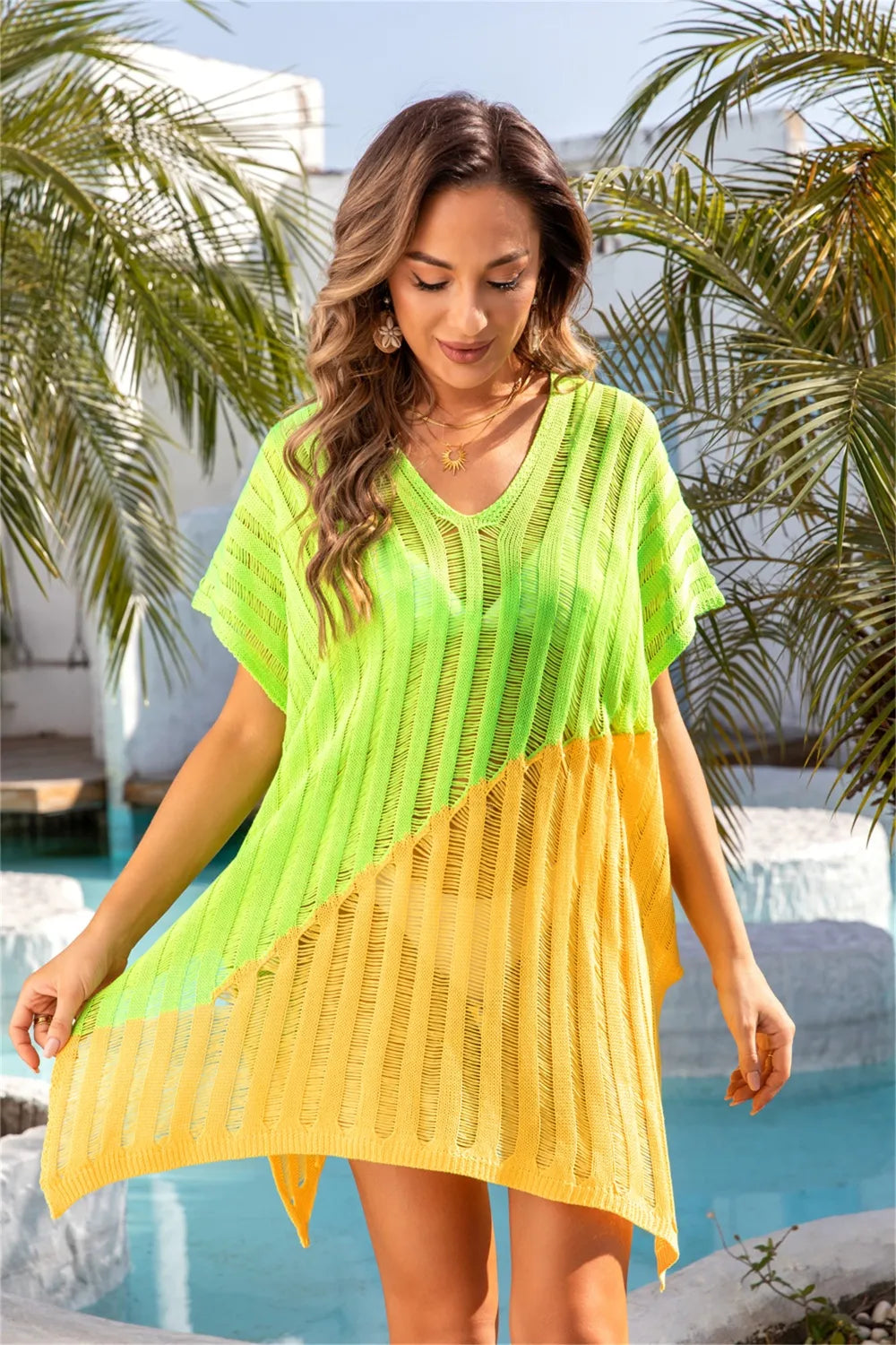 Angel Wings Slit Color Block V-Neck Cover Up - Ladyez