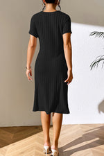 Ivy Lane Ribbed Asymmetrical Neck Short Sleeve Dress - Ladyez