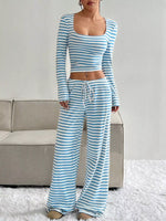 Striped Long Sleeve Crop Top & Wide Leg Pants Set