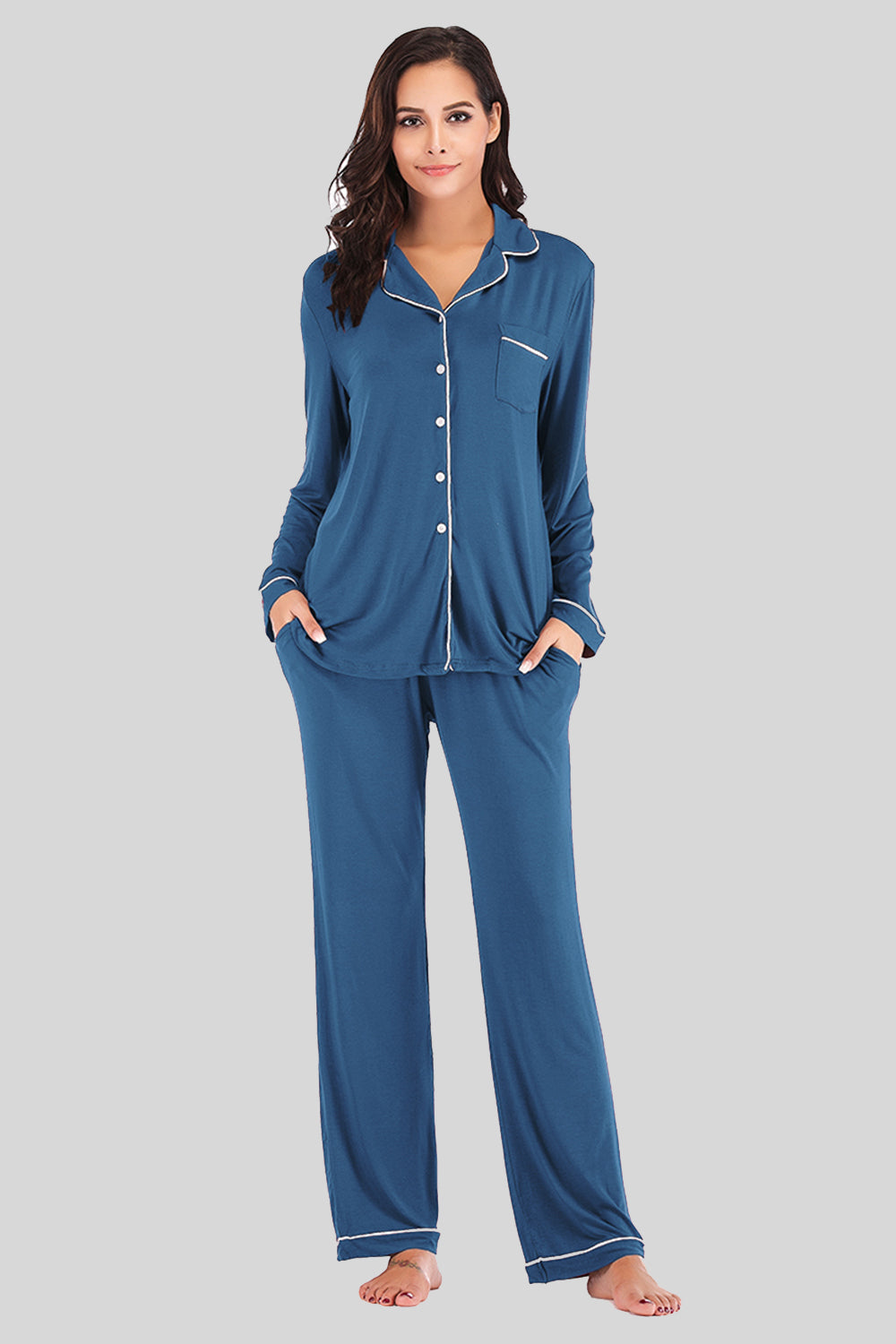 Collared Neck Long Sleeve Loungewear Set with Pockets - Ladyez