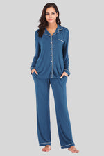 Collared Neck Long Sleeve Loungewear Set with Pockets - Ladyez