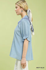 Umgee Textured Henley Blouse with Ruffle Cuffs