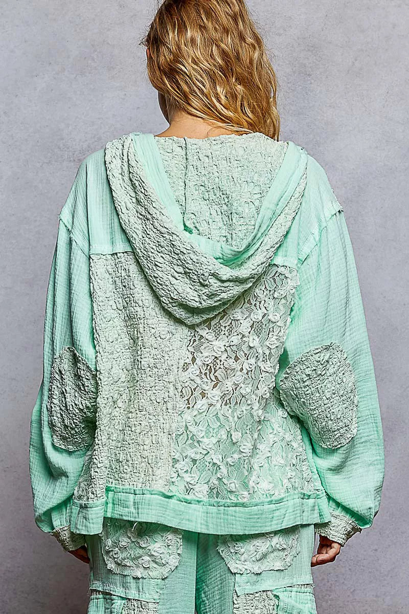 POL Exposed Seam Button Down Hooded Jacket with Lace Detail