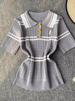 Striped Knit Polo Collar Top