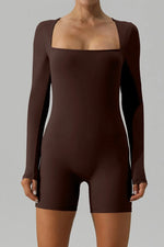 Square Neck Long Sleeve Active Romper - Ladyez