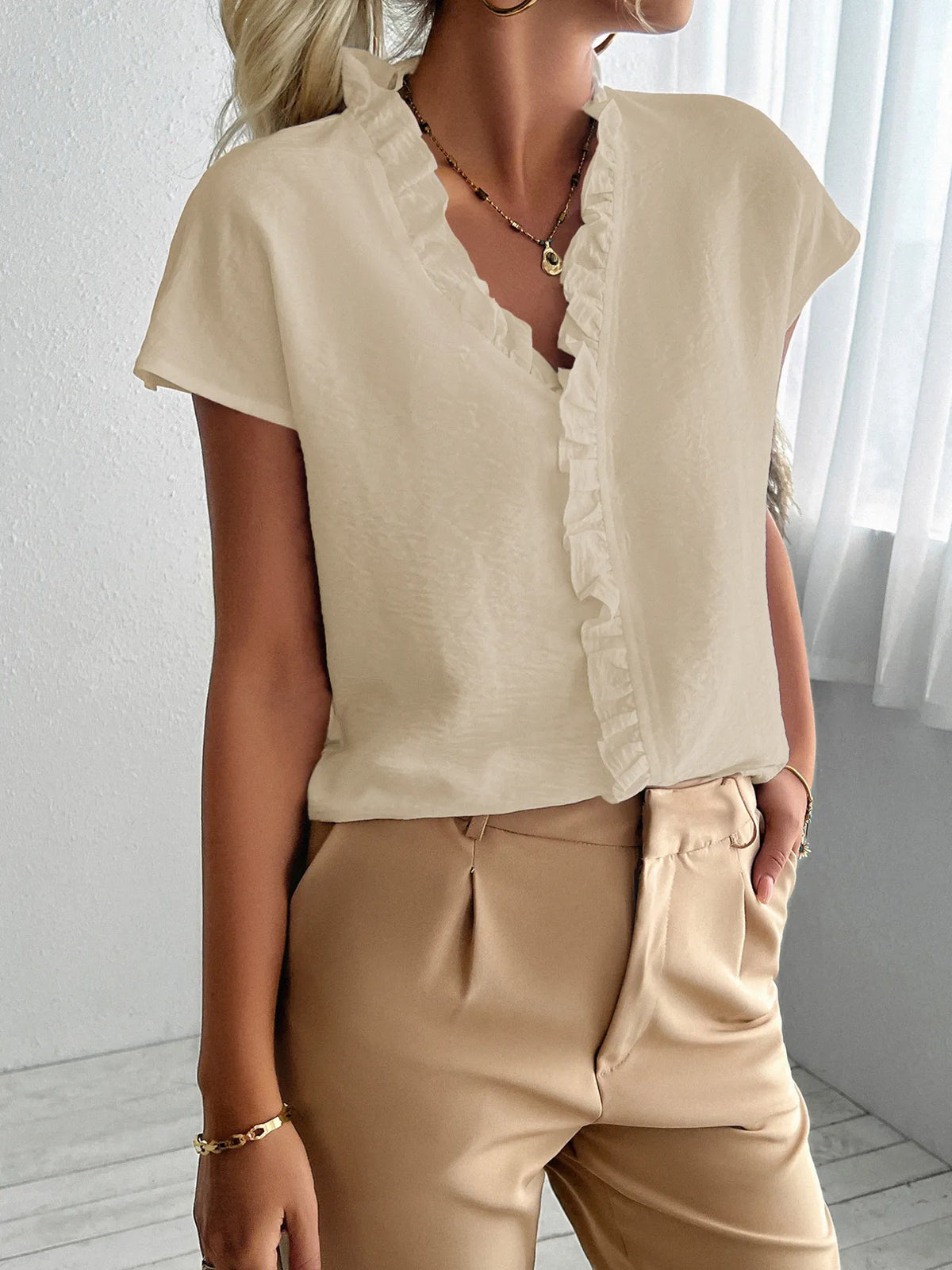 Ruffled V-Neck Short Sleeve Blouse - Ladyez