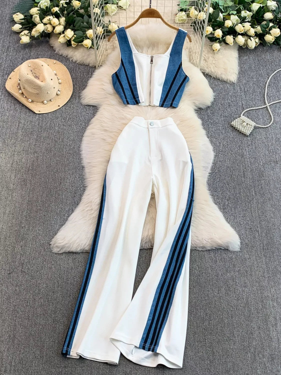 Zip Front Contrast Tank and Side Striped Pants Set