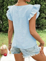 Ruffle Sleeve Gingham Square Neck Top - Ladyez