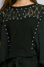 POL Lace Pearl Stud Round Neck Short Sleeve Shirt
